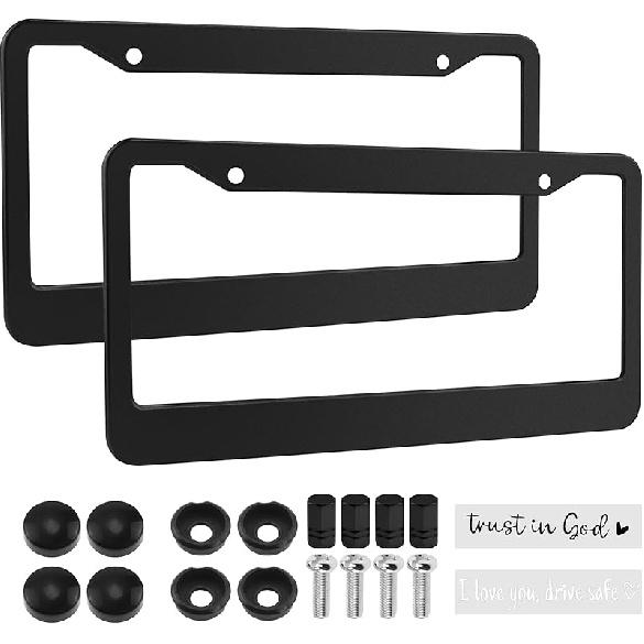 License Plate Frames Stainless Steel 2 Pack,License Plate Holders,Universal US Car License Plate Covers with Tire Valve Stem Caps and Decal Red