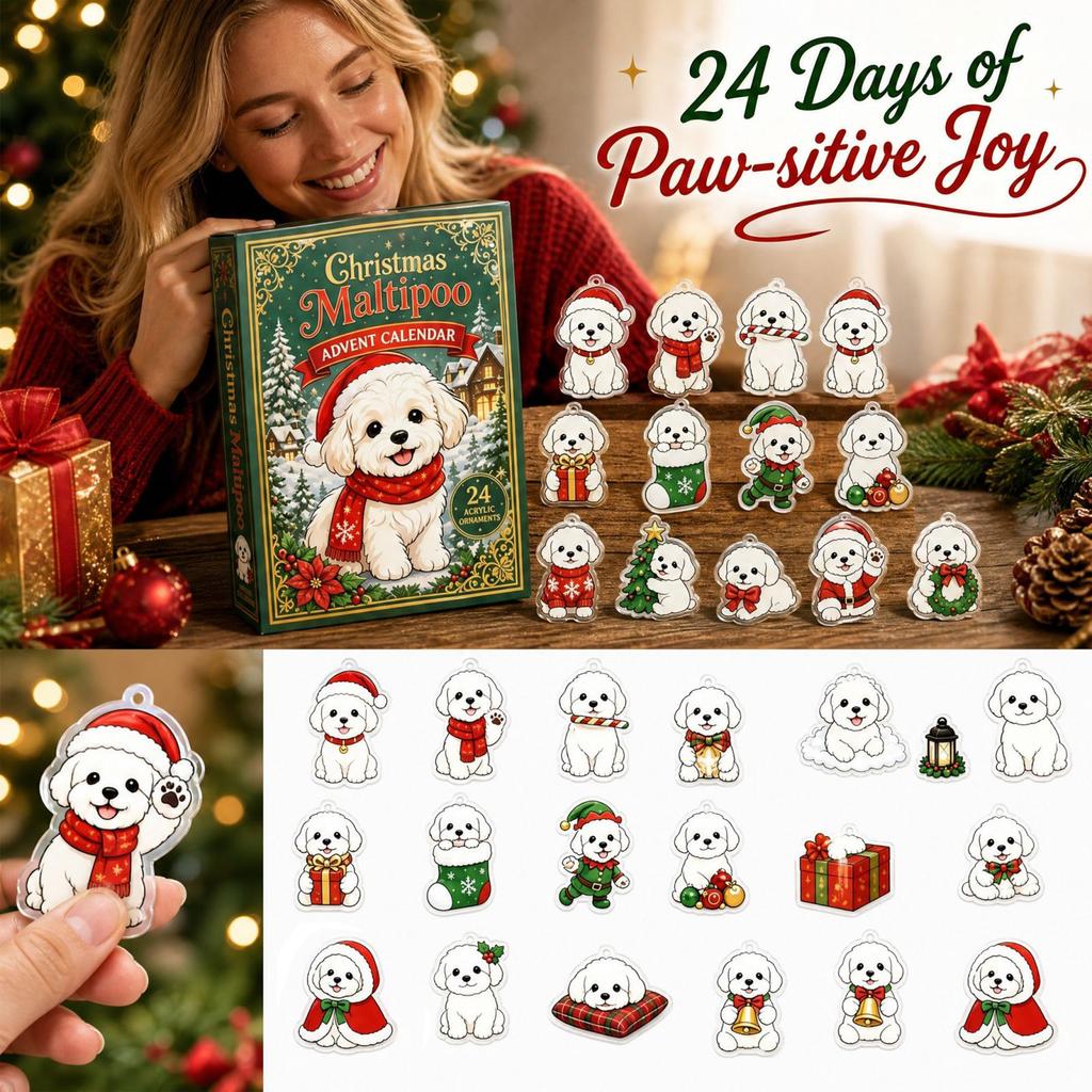 Calendario dell'Avvento di Natale per Cane Maltipoo con Cucciolo Carino Countdown Festivo Acrilico Regalo per Amanti dei Cani