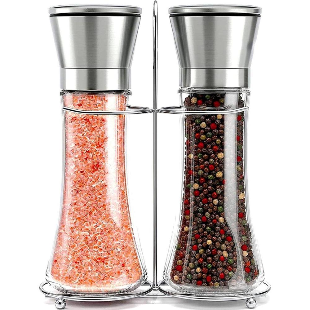 Salt And Pepper Grinder Set  with Stand Stainless Steel Combo Shakers with Adjustable Coarse Mills for Peppercorns Rock Salt