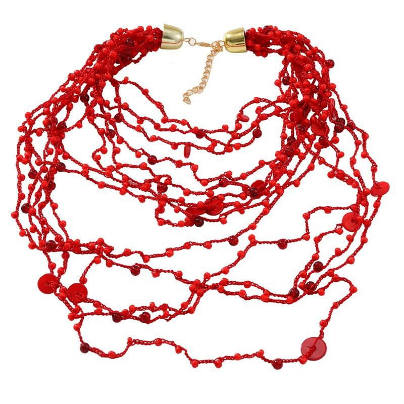 Red Geometric Layered Resin Bead Necklace Women Snake Chain Alloy Pendant Boho Chic Jewelry Red