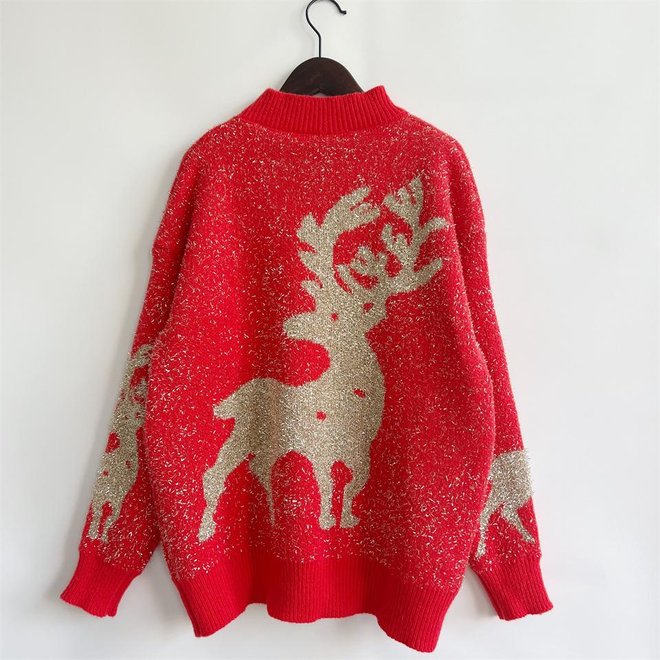 New Year holiday pullover sweater with gold thread, brushed jacquard, big snowflakes, reindeer, Christmas sweater for women 3544 KTB