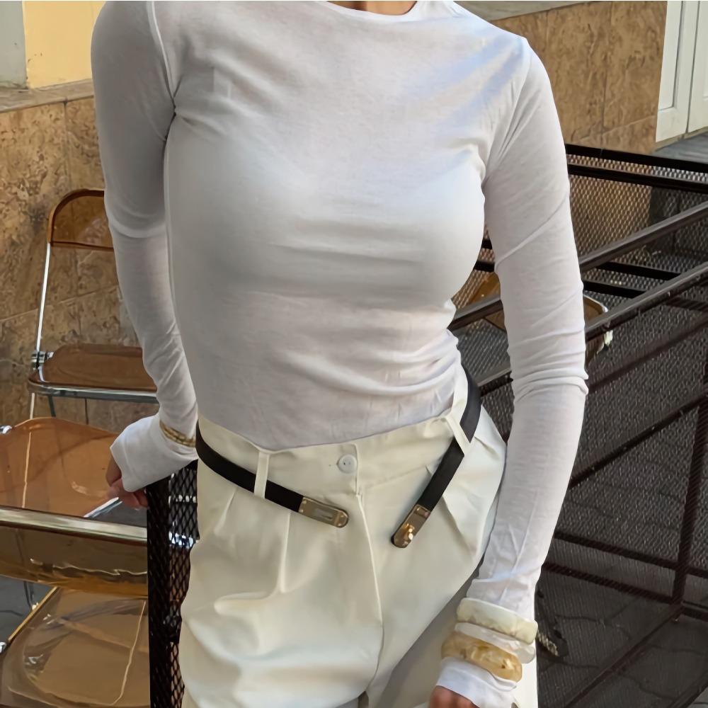 Women's Crew Neck Long Sleeve Fitted Tee Slim Fit Minimalist Style Polyester Cotton Solid Color Thin Sun Protection Top