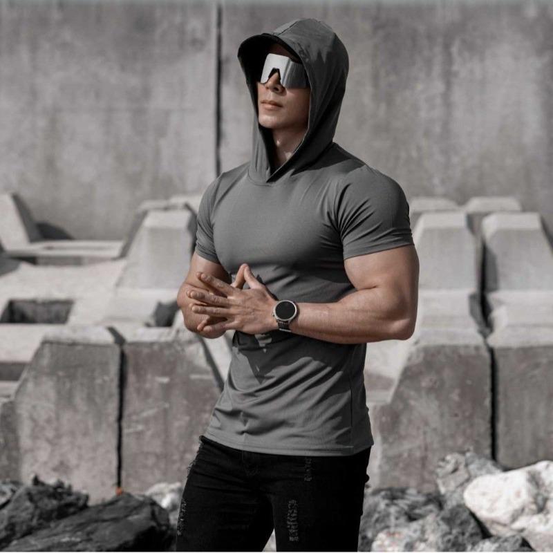 Men s Slim Fit Hooded Short Sleeve T-shirt Athletic Gym Workout Tee L