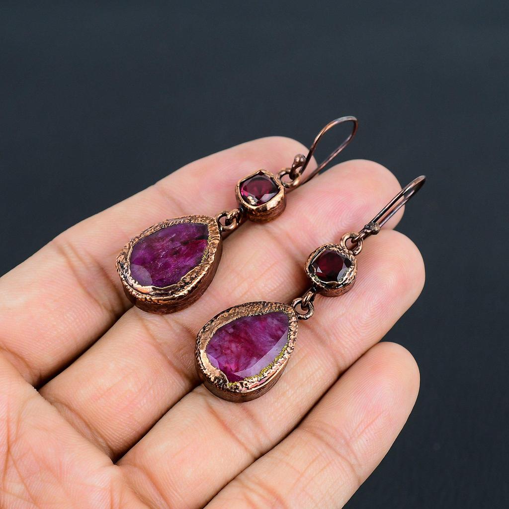 Ruby & Garnet Earrings Gemstone Jewelry, Copper Electroformed Handmade Earrings, Latest Design Jewelry