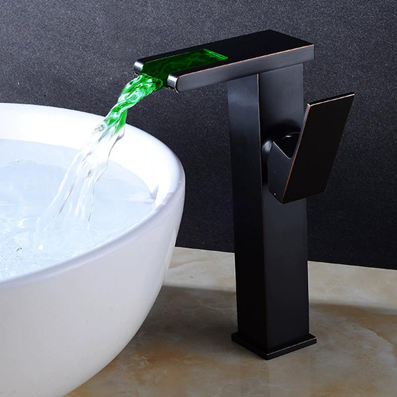 LED Basin Faucet Hot and Cold Square Basin Faucet Brass Waterfall Crane Sink Faucet Single Handle Water Tap