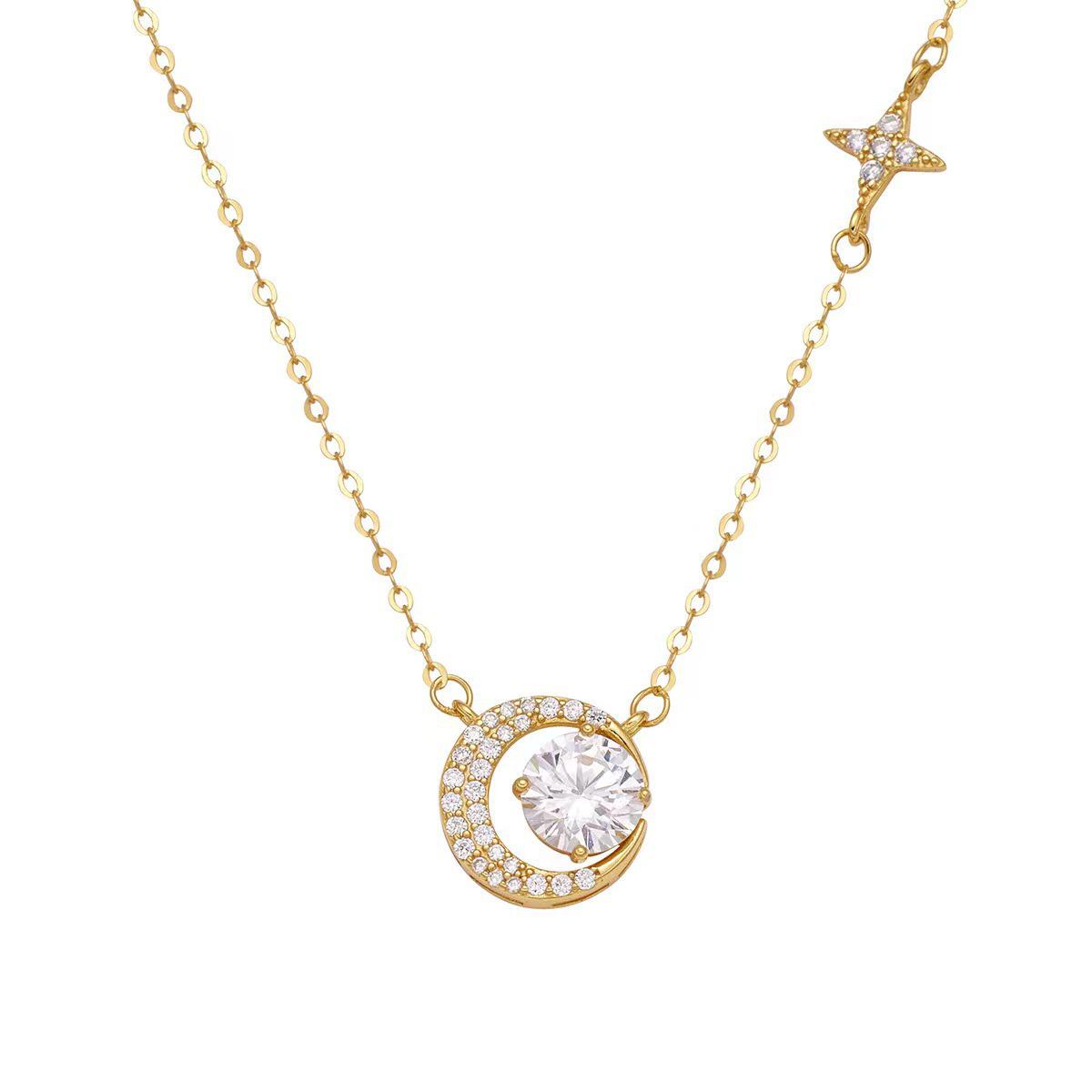 Elegant Star & Moon Zirconia Pendant Necklace - Versatile, Fashionable, and Luxurious Clavicle Chain. звезда
