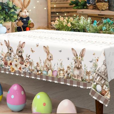Cute Easter Themed Grey Rabbit Tablecloth - 1pc Spring Floral Print with Embossed Edge, Spring Outdoor Garden