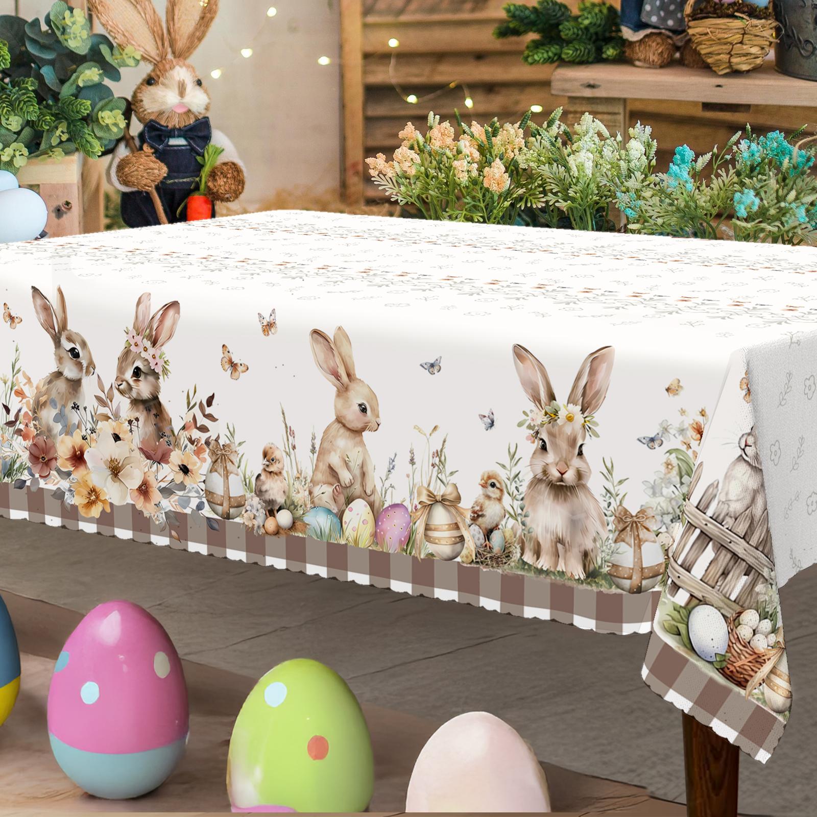 

Cute Easter Themed Grey Rabbit Tablecloth - 1pc Spring Floral Print with Embossed Edge, Spring Outdoor Garden 152*213cm хаки