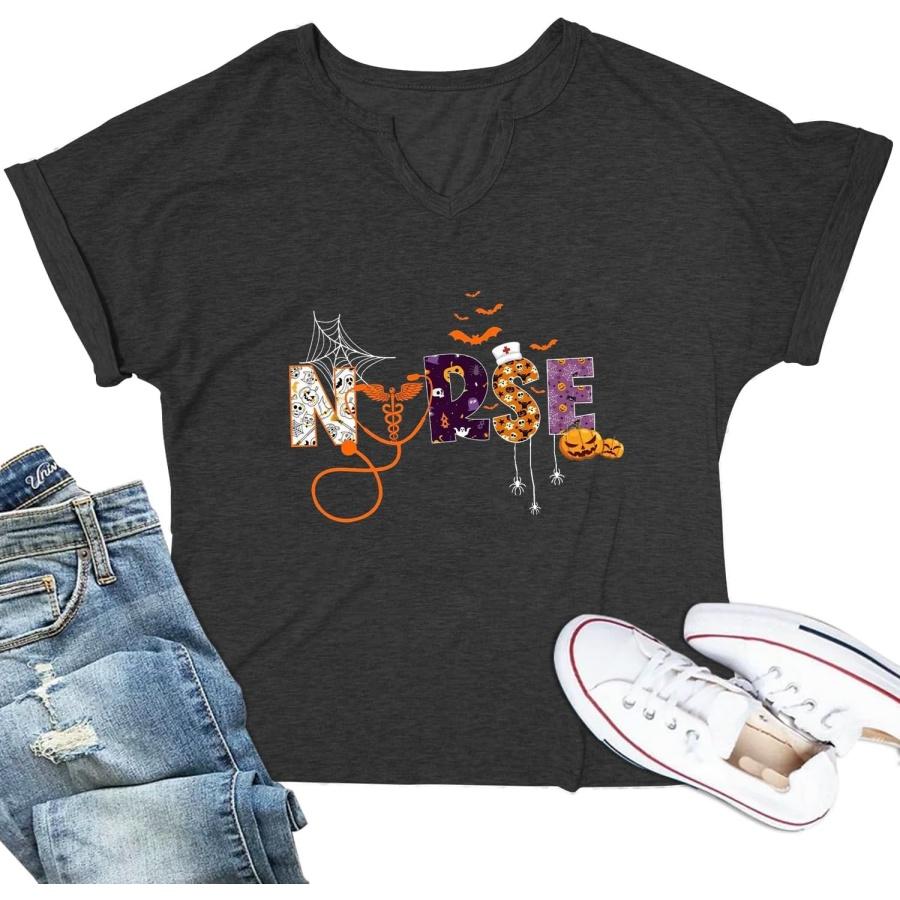 PQZ Halloween V-Neck Shirts for Women Halloween Nurse Tee Shirt Ghost Nurse T-Shirt Girl Nursing Tee XXXXXL разноцветный