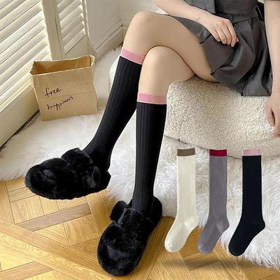 Fashion Color Blocked Calf Socks for Women Autumn Winter Cotton Knitted Warm Knee High Sock Ins Korean Girl Pile Long Socks