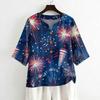 Women's Casual V-Neck Button Three-Quarter Sleeve Fourth of Print Pullover T-Shirt