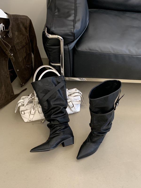 Pointed pile boots autumn and winter new belt buckle high knight boots thick heel pleated boots