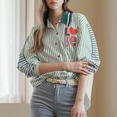 Stripe Knit Collar Long Sleeve Blouse Zd10qb017nh