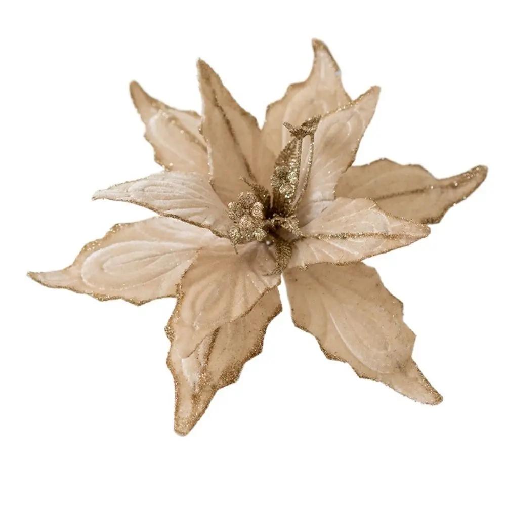 Christmas Gifts Artificial Poinsettia Glitter Flower 21cm Sequin 3D Simulation Magnolia Xmas Tree Decoration Flannel