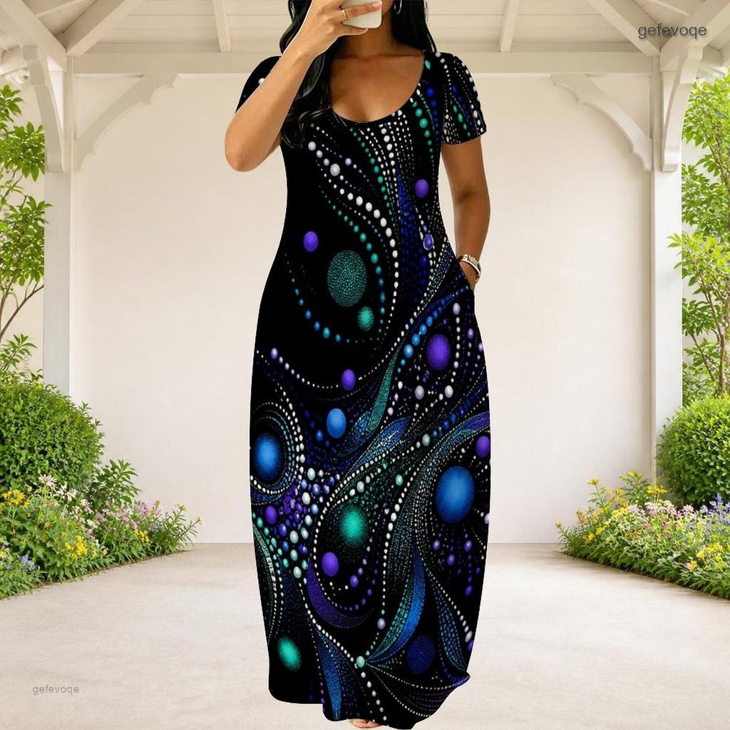 Women Plus Size Round Neck Short Sleeve Heart Gem Printed Green Loose Long Dress With Side Pockets