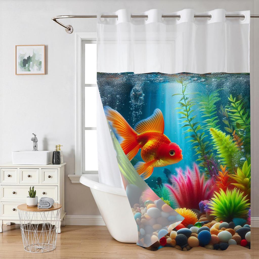 No Hook Lotus Fishes Pattern Shower Curtain With Snap-in Fabric Liner, Sheer Top Window, Waterproof Double Layer Bathtub Curtain