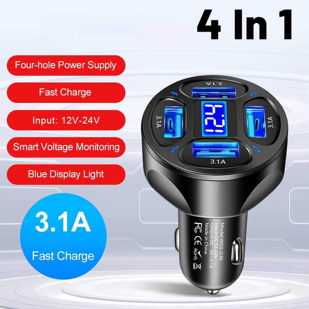 

4 порта USB цифровое автомобильное зарядное устройство 66 Вт быстрая зарядка адаптер прикуривателя с обнаружением напряжения совместимо с iPhone iPad