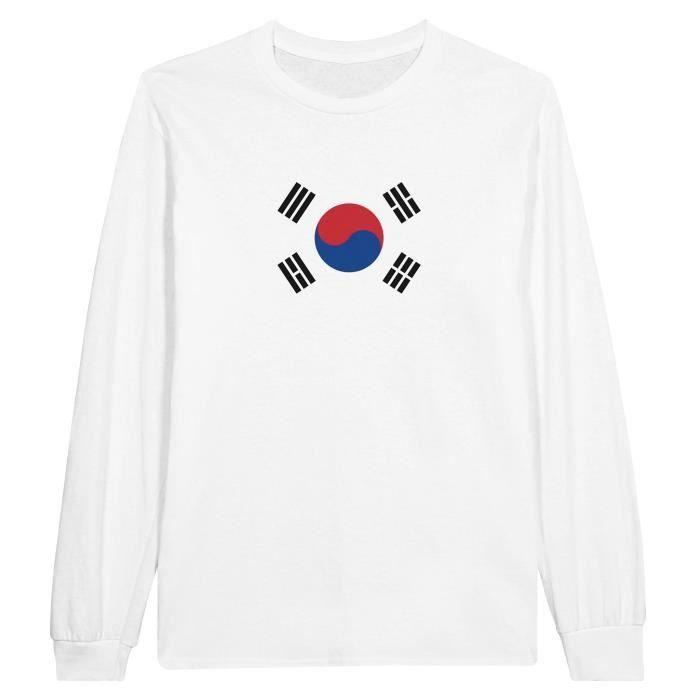 T-shirt - Drapeau de la Corée du Sud - Blanc - 100% coton - Manches longues - Coupe régulière