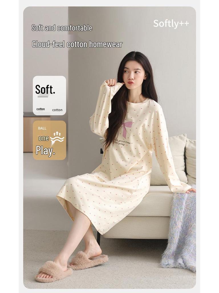 Damen Süßer Stil Langarm Mittellang Baumwoll-Nachthemd für Herbst