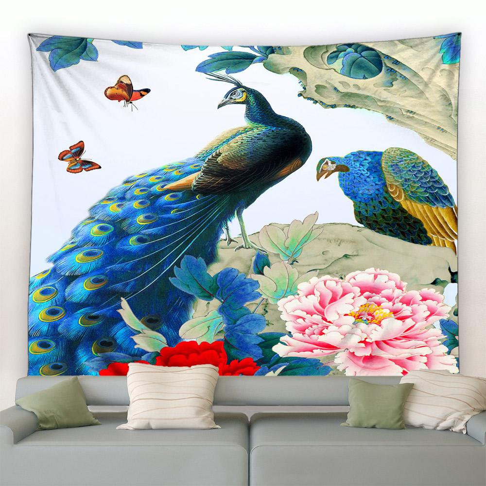 Cute Peacock Tapestry Peony Flower Butterfly Bird Wall Hanging Chinese Landscape Painting Tapestry for Living Room Bedroom Decor