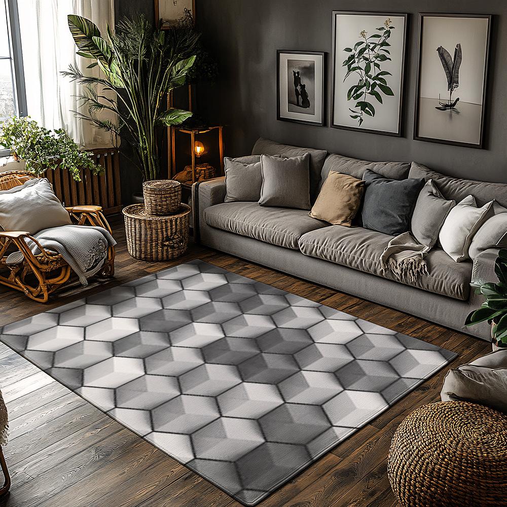 Tuniu Geometric Hexagon Gray Non-Slip Rug for Living Room Bedroom Kitchen Floor Mat