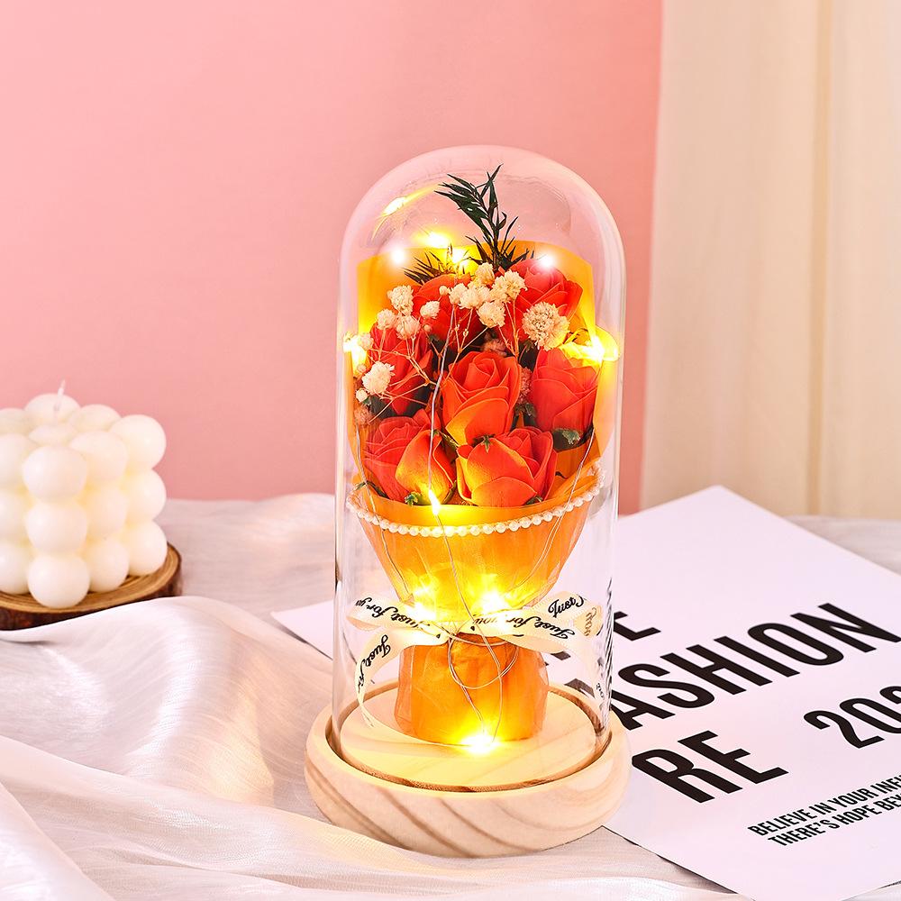 Qixi Festival Valentine's Day Gift Log Base Immortal Rose Glass Cover Creative Soap Flower Gift