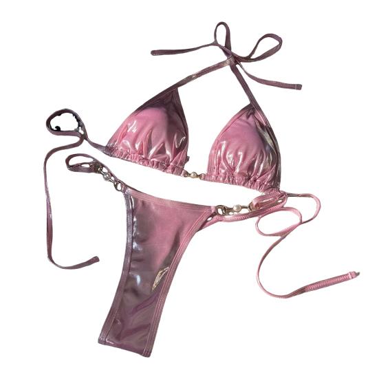 2 ks/sada Dámské sexy bikini set světlý povrch umělá perla podprsenka šněrovací sada tanga rychleschnoucí plavky plážové oblečení