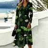 Women's Halloween Printed V-Neck Long Sleeve Dress with Pockets
