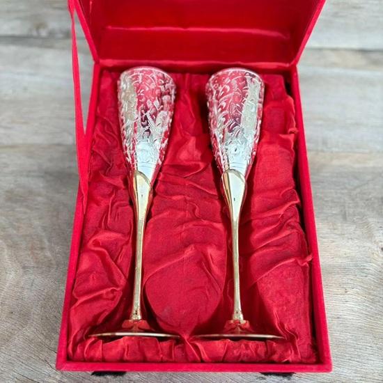 Handmade Brass Royal Chalice Goblet Embossed King's Cup Set of 2 Wedding, Anniversary, Christmas, New Year Gift