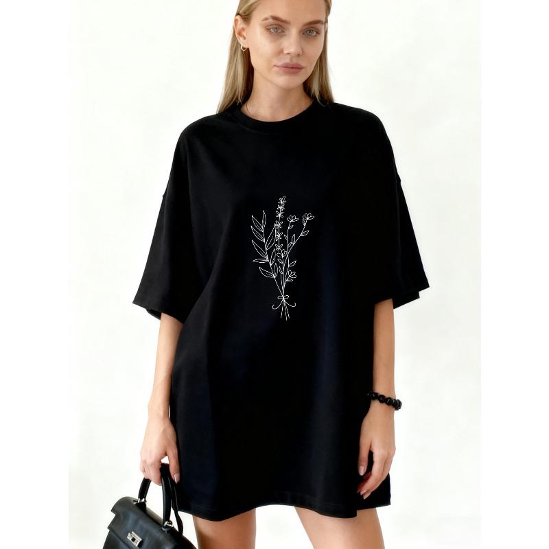 

Oversized T Shirt Dress Black Floral Bouquet Print Casual Wear XXXXL чорний