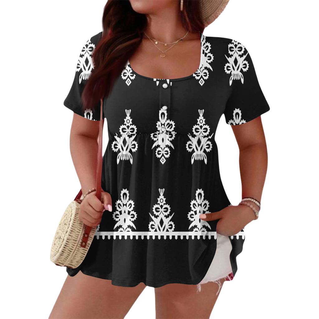 Women's Fashionable Casual Short Sleeve Loose Fit Button Front Printed Blouse