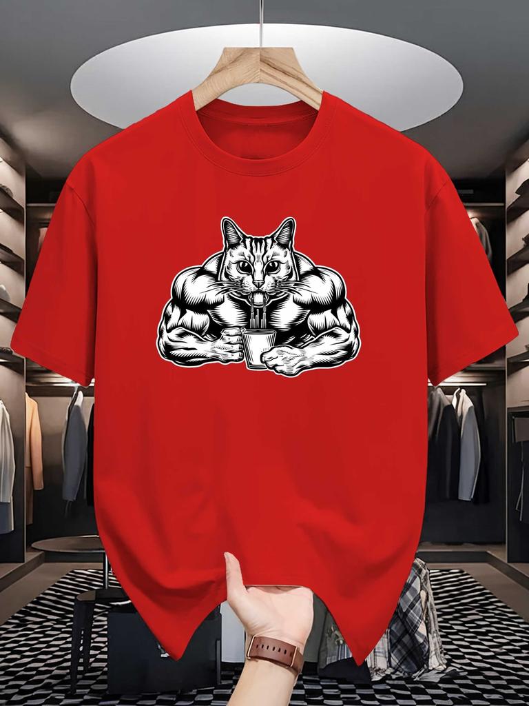 Unisex Crew Neck Tee Muscle Cat Coffee Graphic Print Soft Cotton Loose Breathable Short Sleeve Summer Casual Daily Street Wear Tops