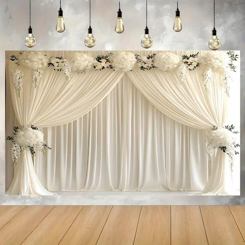 Fondo Romántico de Ceremonia de Boda 2D Cortina Blanca Fluida y Flores Fondo para Estudio Fotográfico
