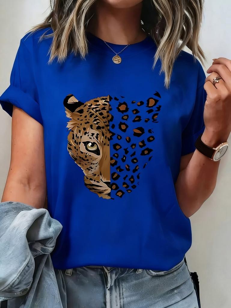T-shirt d'été vintage pour femme avec imprimé léopard et graphique tigre, manches courtes, respirant, décontracté, col rond, vêtements pour femme
