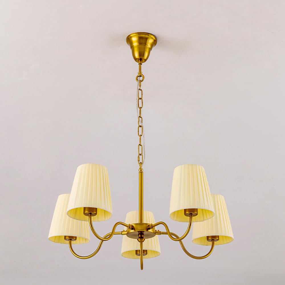 Chende Pendelleuchte, Nordischer Stoffschirm, Deckenleuchter, 5 Leuchten, LED-kompatibel, Messing, Stilvoll, Klassisch, Antik-Stil, für