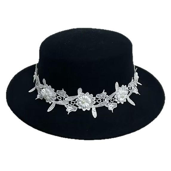 White French Autumn and Winter Woolen Top Hat Ladies British Big Head Versatile Elegant Lace Flower Flat Top Hat