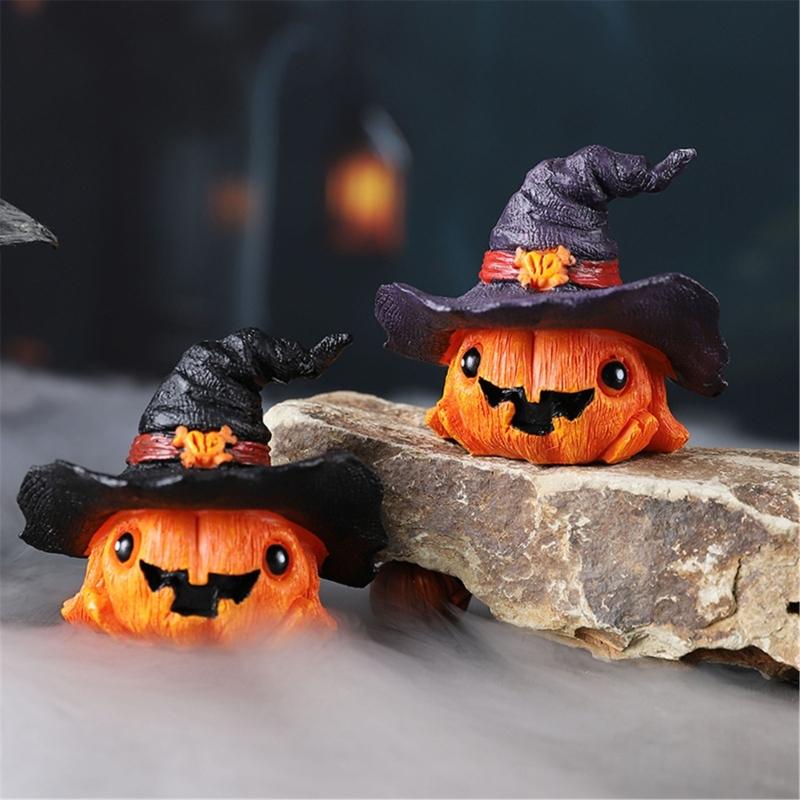 Resins Witch Hat Pumpkin Miniature Figurine Halloween Home Office Tabletop Decors Festives Shelf Display Ornament Gift