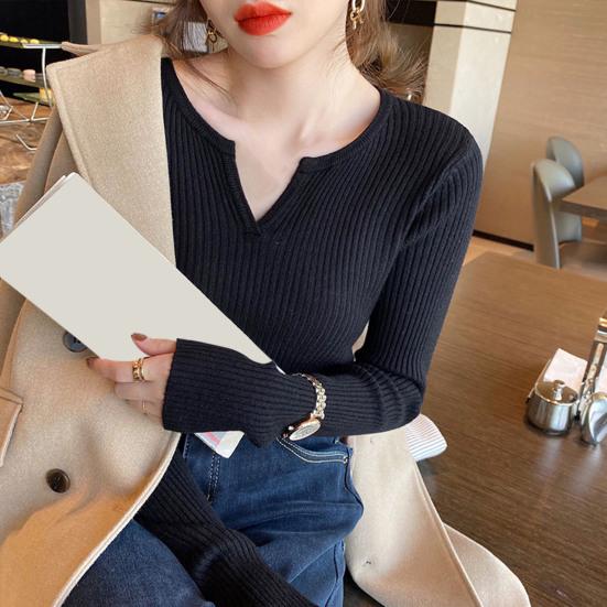 

Осень-весна женский топ с v-образным вырезом и длинным рукавом однотонный вязаный облегающий эластичный повседневный мягкий дышащий пуловер женская футболка блузка чёрный