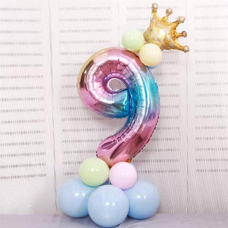 Gradient Color Crown Number Balloon Pillar, 32-40 Inch, First Birthday Party Decoration