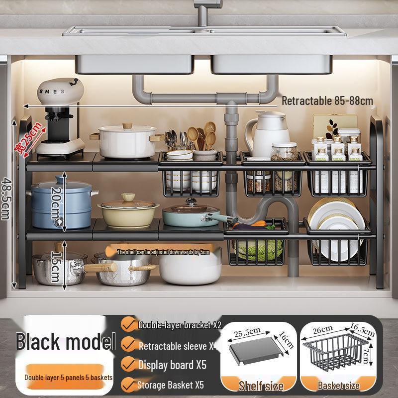 Retractable Under Sink Kitchen Organizer and Multifunctional Dish & Pot Rack