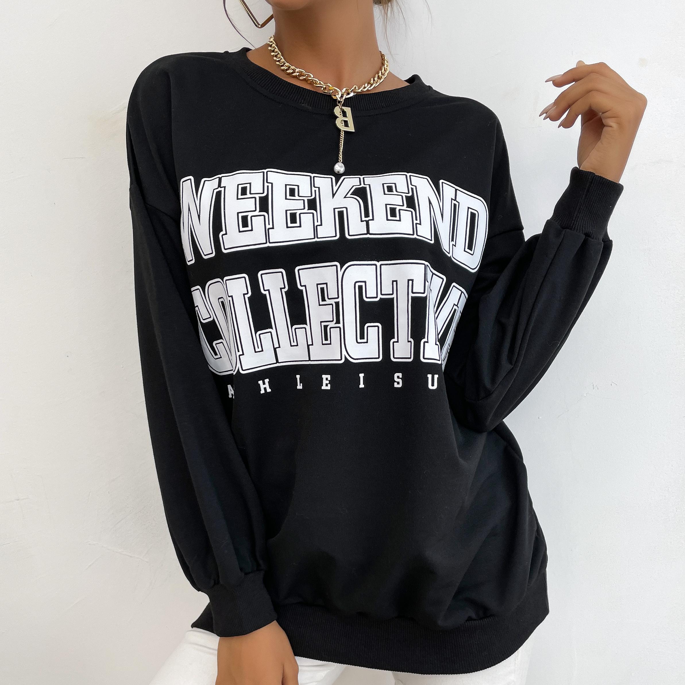 

YYFS женские модные повседневные весенне-осенние блузки и рубашки с круглым вырезом и длинными рукавами с буквенным принтом XL чёрный