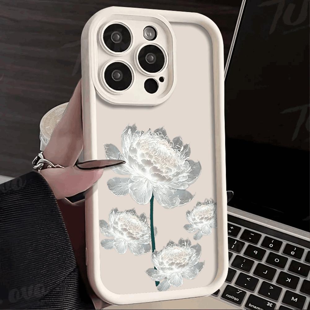 White Lotus Flower Silicone Case for iPhone 16 15 14 13 12 11 Pro Max XS XR X Anti-Scratch, Shockproof, Trendy Protective Cover