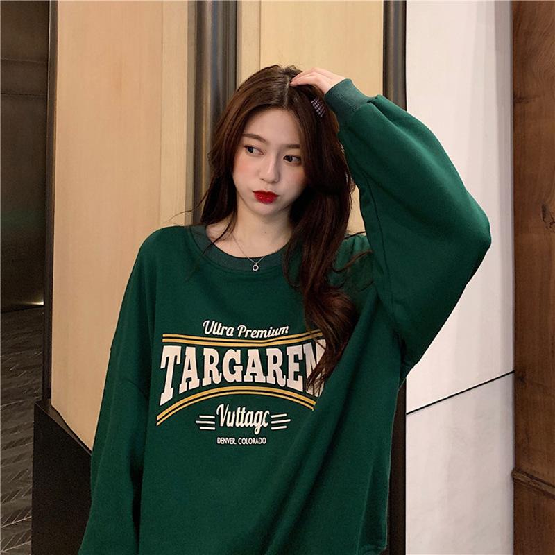 New American retro crew neck sweater men's and women's Korean version English printing lazy wind velvet
