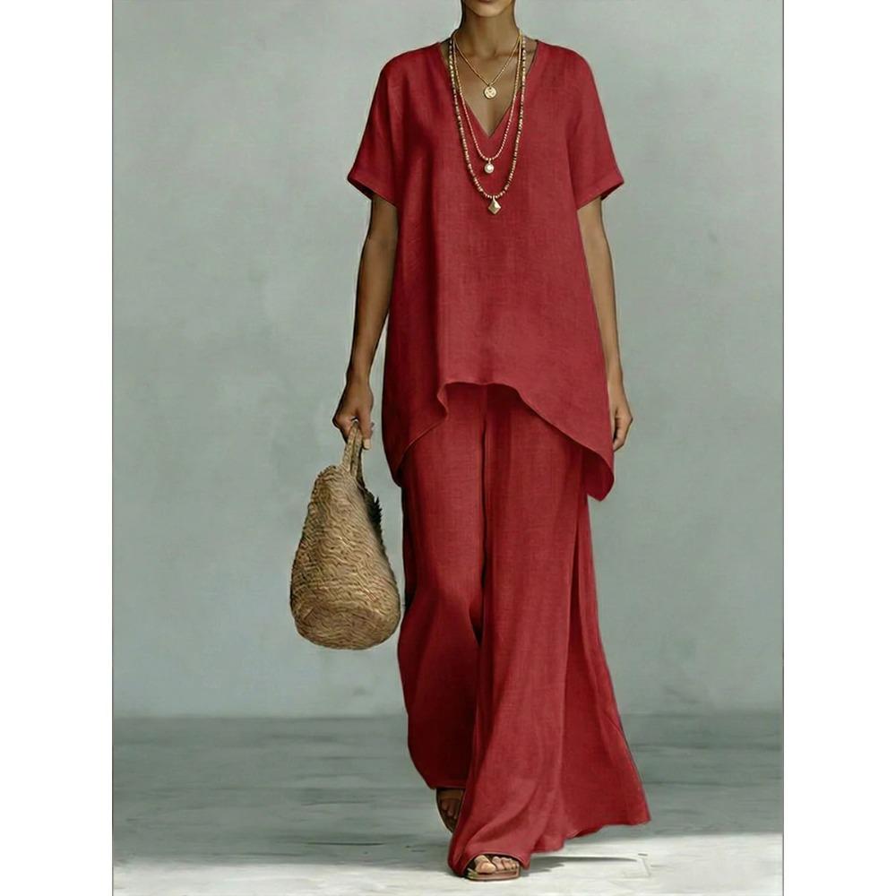 Women's Loose Fit Two-Piece Tracksuit Short Sleeve V Neck Top High Waist Wide Leg Pants