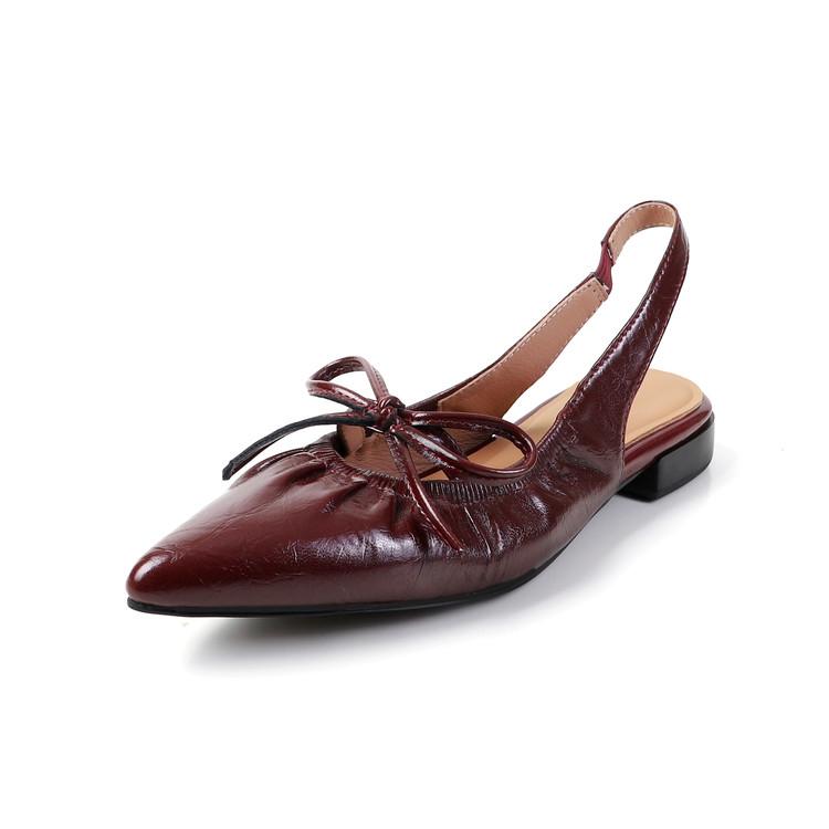 Fashion New Summer Sandals Split Leather Pointed Toe Sandals for Women Low Heels Fashion Bow Sandals Breathable Ladies Shoes Women