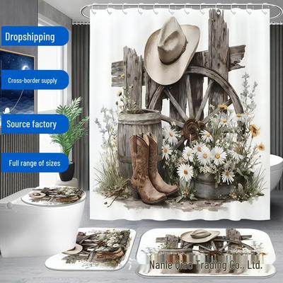 Farmhouse Market Design 4-Piece Bathroom Shower Curtain Set with 12 Hooks, Country Style Home Decor