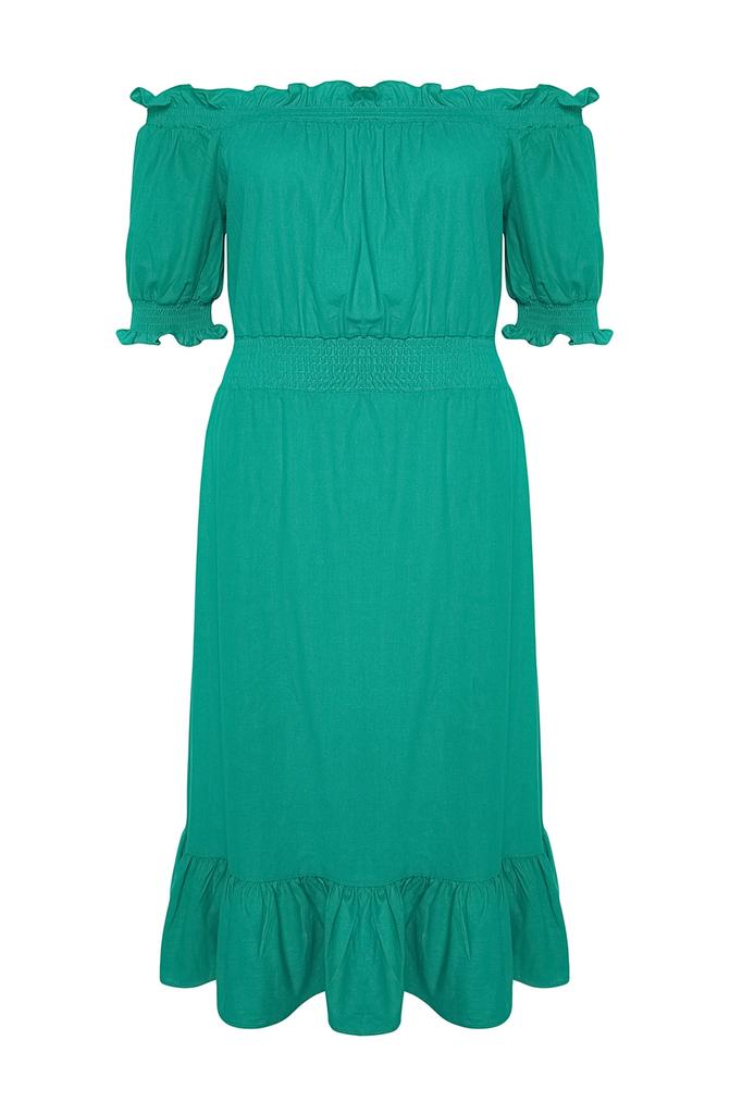 Women's Fashion New Big Size Dress Green Pleated Woven Dress