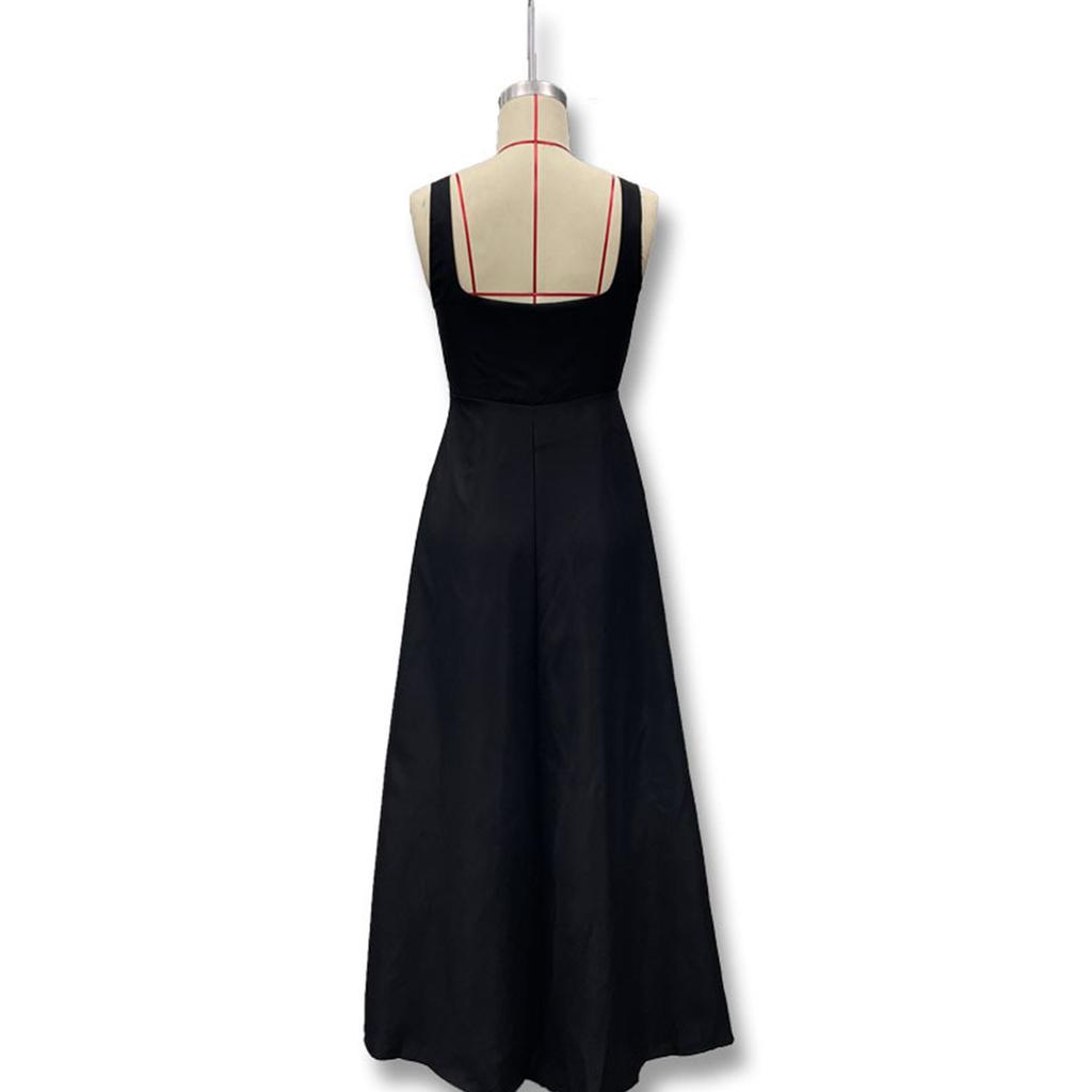 Women's Elegant Color Square Neck Sleeveless Fitted Waist Suspender Dress