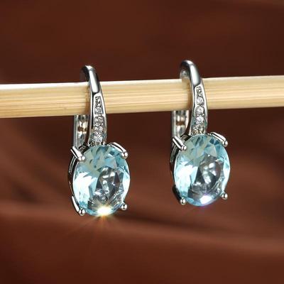 Fashion Oval Cut Aqua White Blue Purple Green Red Crystal Hook Earrings Birthstone CZ Drop Dangle Earrings