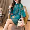 Guochao Women's Frog Button Qipao T-Shirt, Short Sleeve, Mid-Length, Ancient Style, Chinese Round Neck Design
